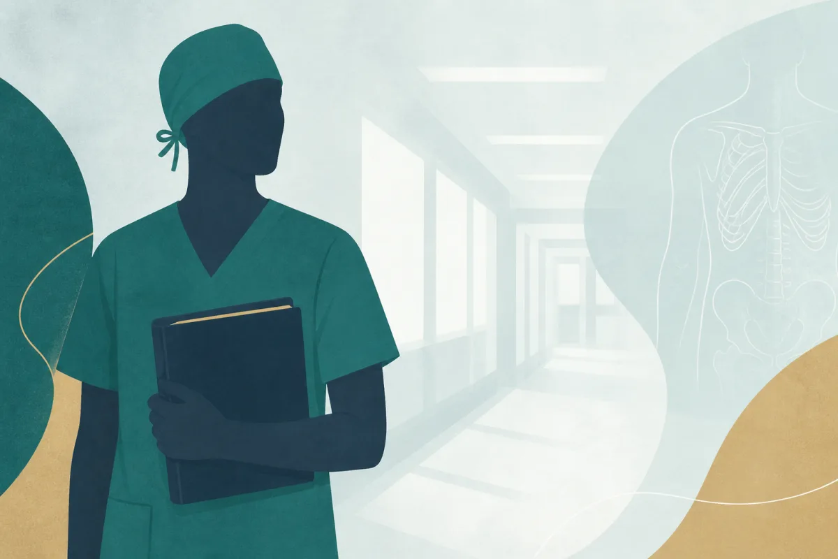 Junior doctor in professional attire preparing for a UK core surgical training interview