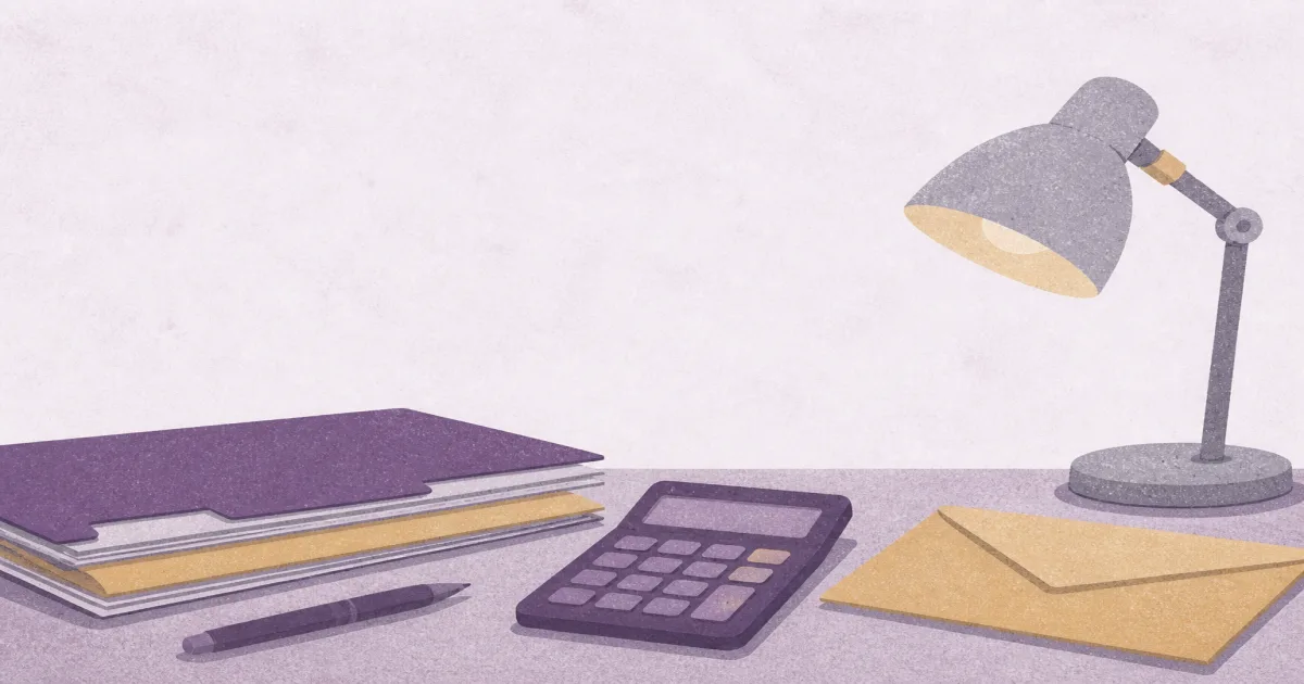 Quiet application desk with invoice envelope and calculator silhouette suggesting ERAS fees