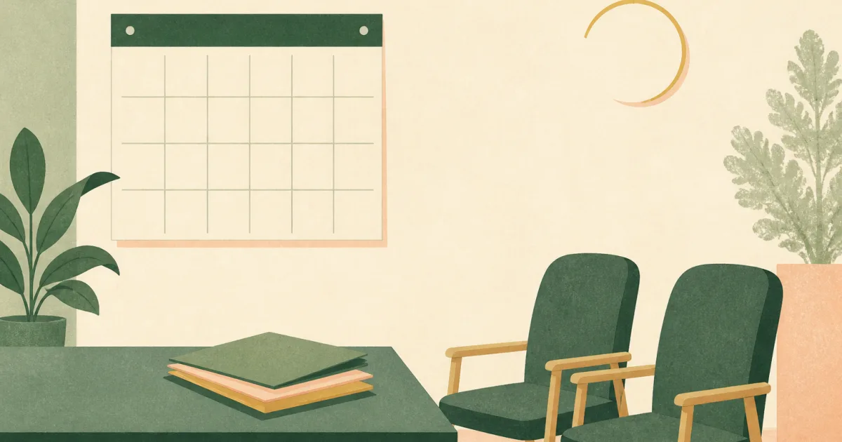 Desk calendar with interview folders and two chairs suggesting residency interview planning