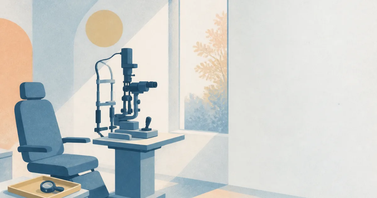 Quiet ophthalmology clinic with slit-lamp silhouette and exam chair suggesting residency training