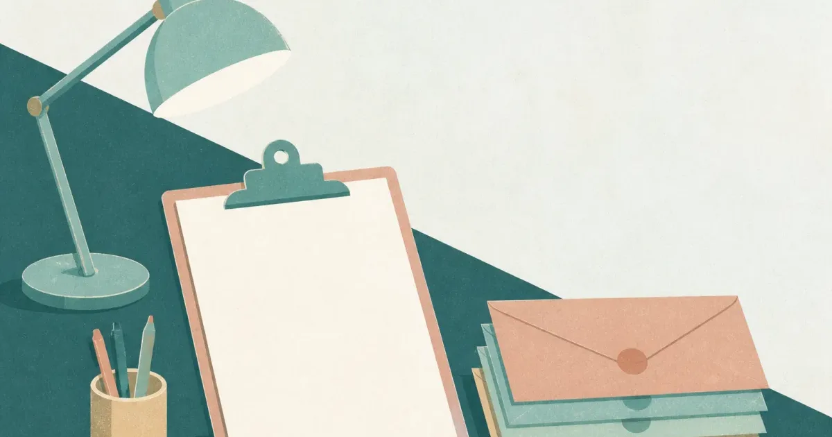Checklist clipboard and sealed envelope stack on a desk suggesting a residency application checklist
