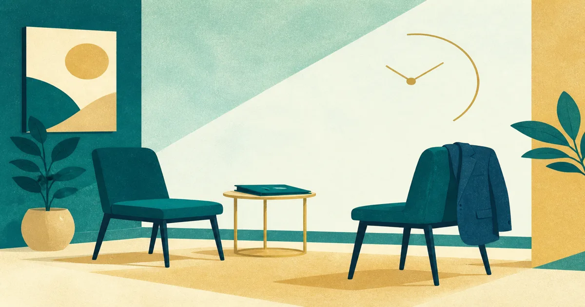 Flat illustration of interview chairs and a neatly folded blazer suggesting residency interview attire