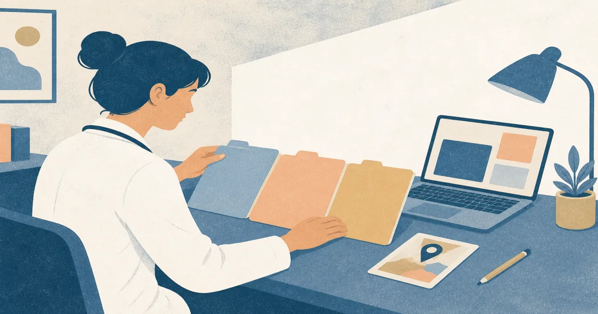 Medical student organizing a residency program list with folders and a laptop