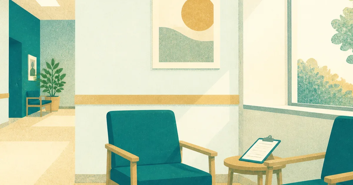 Two chairs and a visitor sign-in clipboard in a calm hospital lobby suggesting a residency second look visit