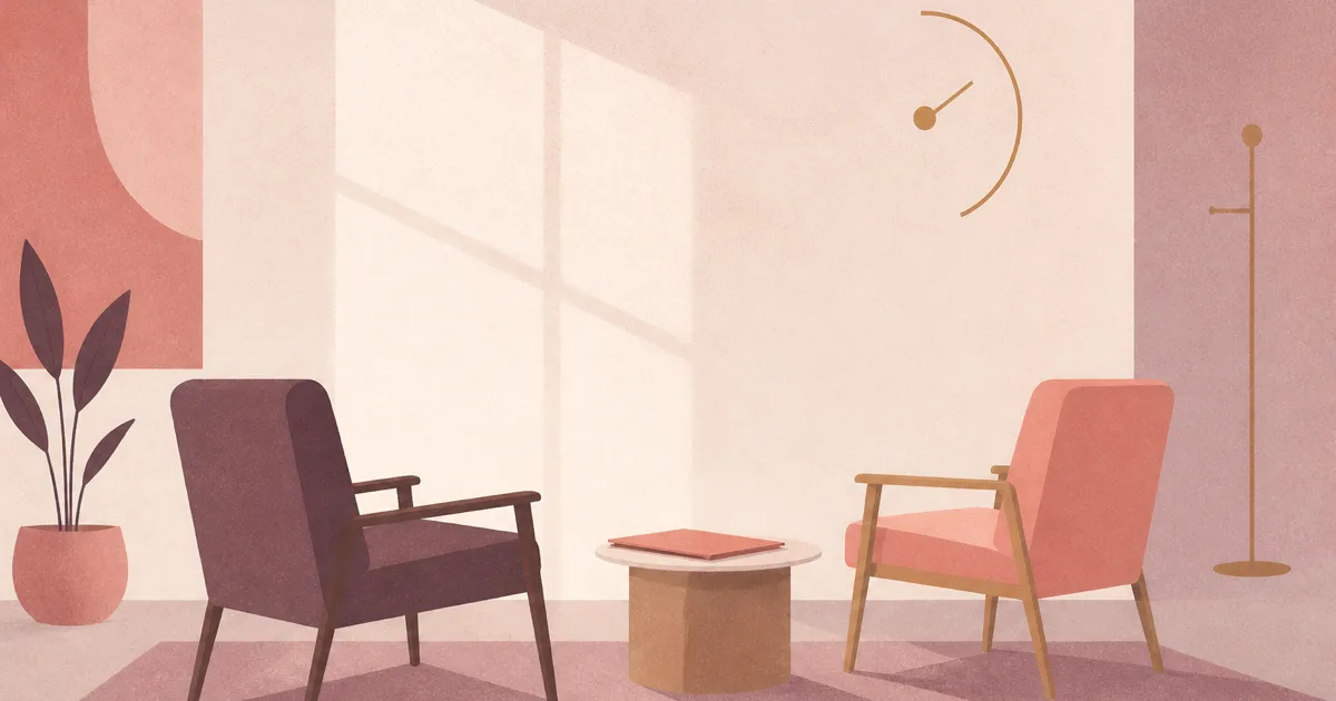 Two chairs and a closed folder in a quiet interview room suggesting a residency interview opener